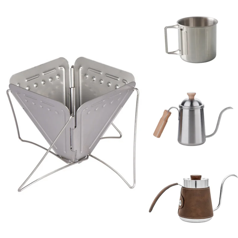 Outdoor Coffee Hand Brewing Pot Long Spout Stainless Steel Fine Mouthed Pot Leather Cover Buckle Camping Hand Brewing Coffee Set