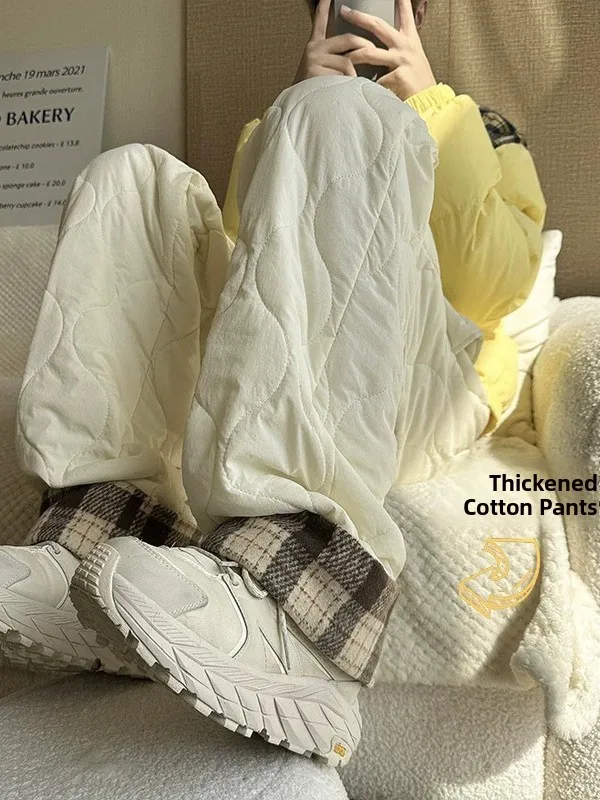 Pantalon d'hiver en coton pour femme, coupe ample, coupe ample, épissure à carreaux, coupe-vent, chaud, jambe droite, vêtements d'extérieur longs