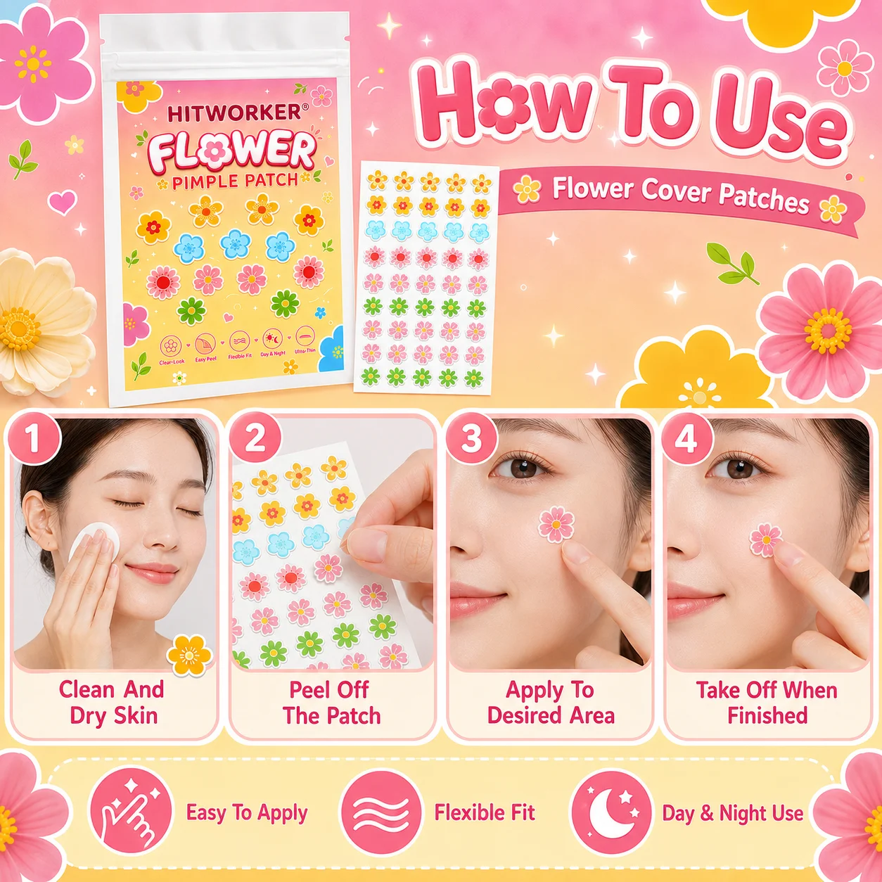 40/100pcs Flower Hydrocolloid Spot Cover Patches, Cute Face Stickers, Easy Peel Daily Skin Care for Day Night Use view 6