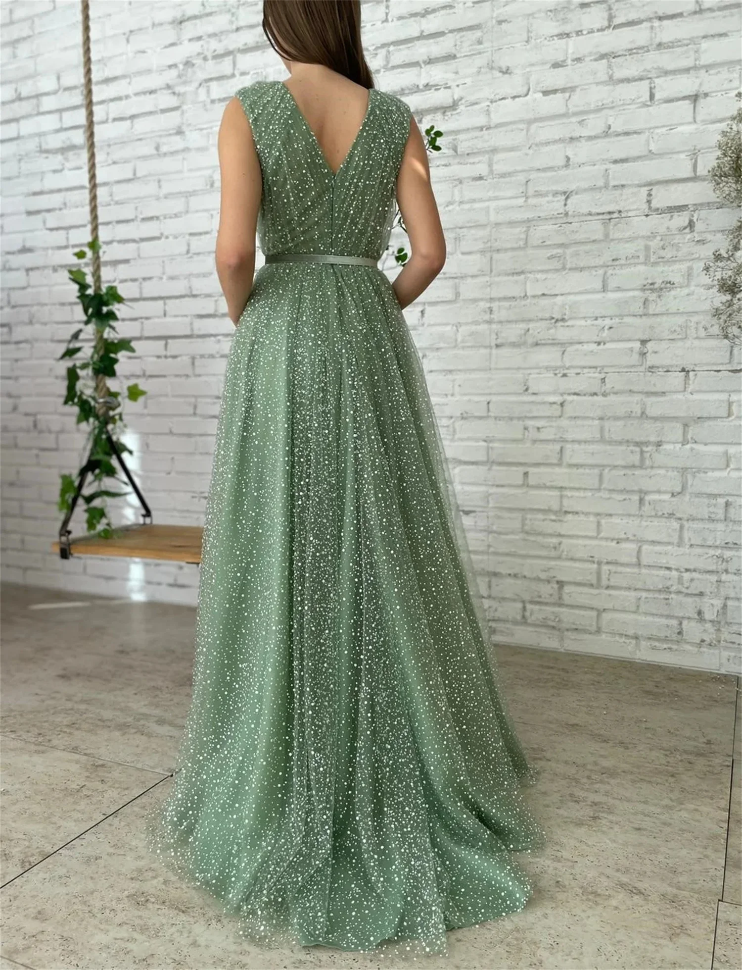 Lorrtta  Green Formal Prom Dresses Dot V-Neck A-Line Cap Sleeves Belt Evening Dress Dubia Occasional Party Gowns Customized