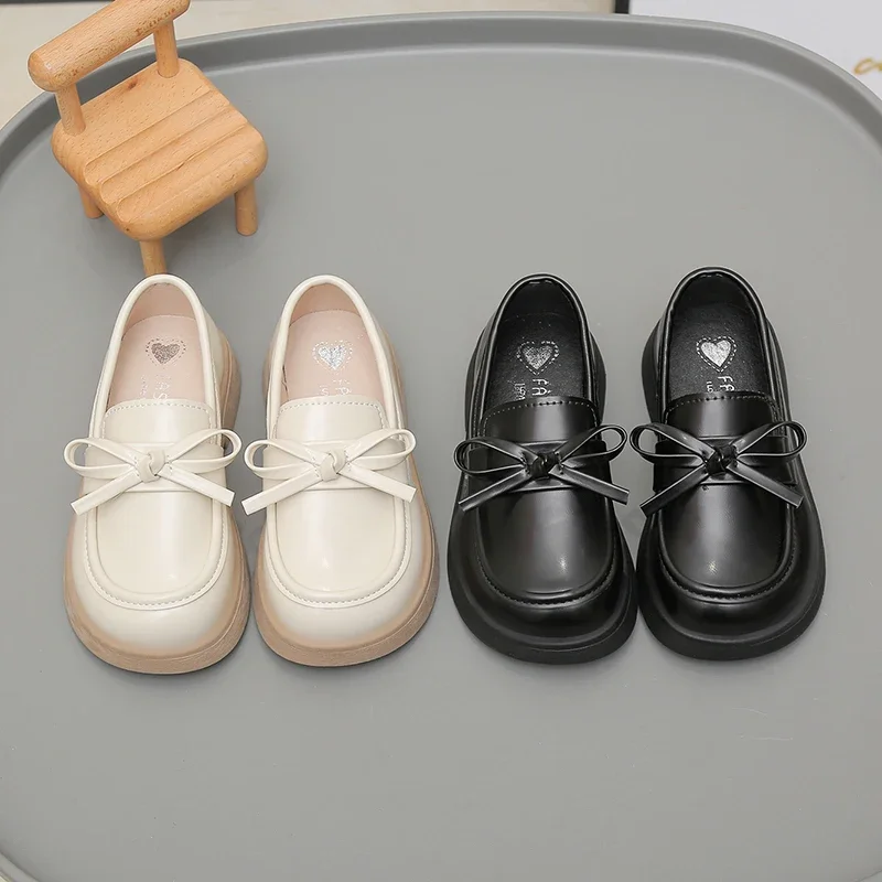 Girls School Uniform Shoes for Students Leather Shoes Black Matte 2025 New Fashion Children Flat Shoes Simple Bows Soft Sole