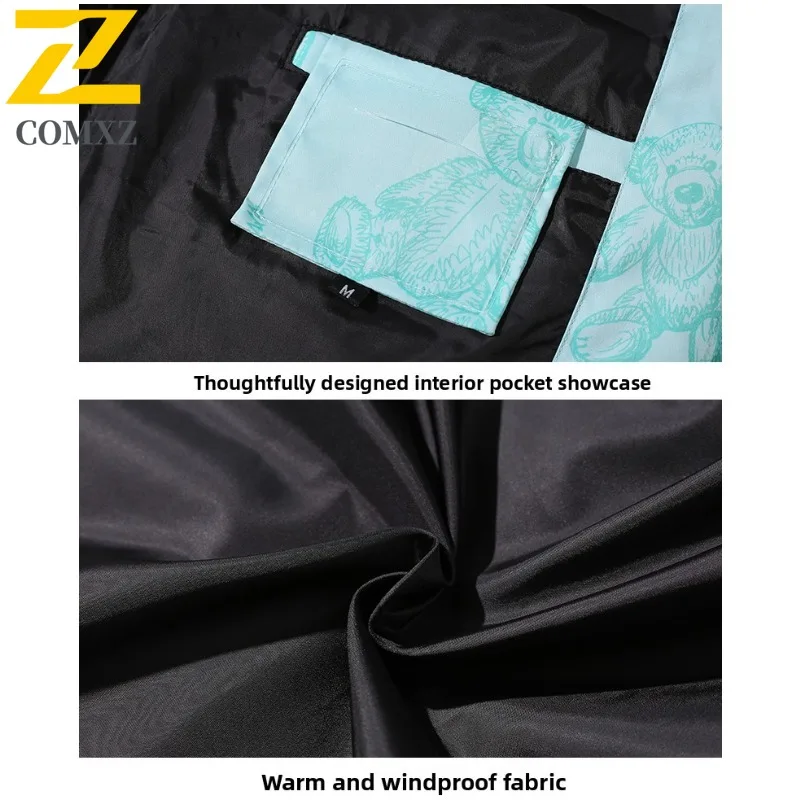 COMXZ Men Puffer Jacket Fashion Bear Printing Ski Street Windproof Warm Travel Cotton-Padded Jacket Casual Snow Bread Jackets