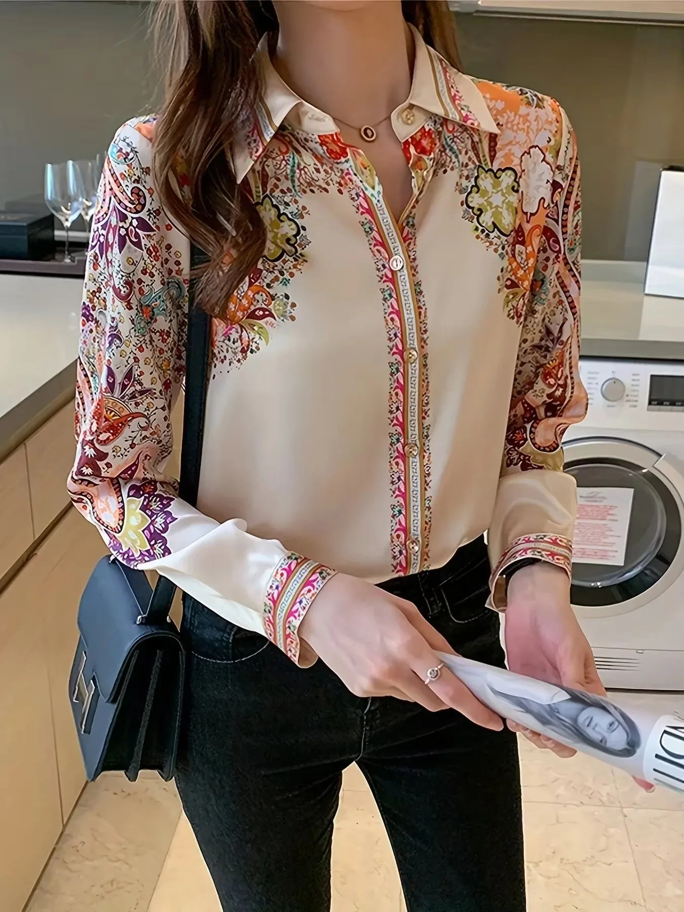 Fashion flower printing shirts for ladies New elegant Women\'s Blouses Long Sleeve Button-Down Tops blusa mujer