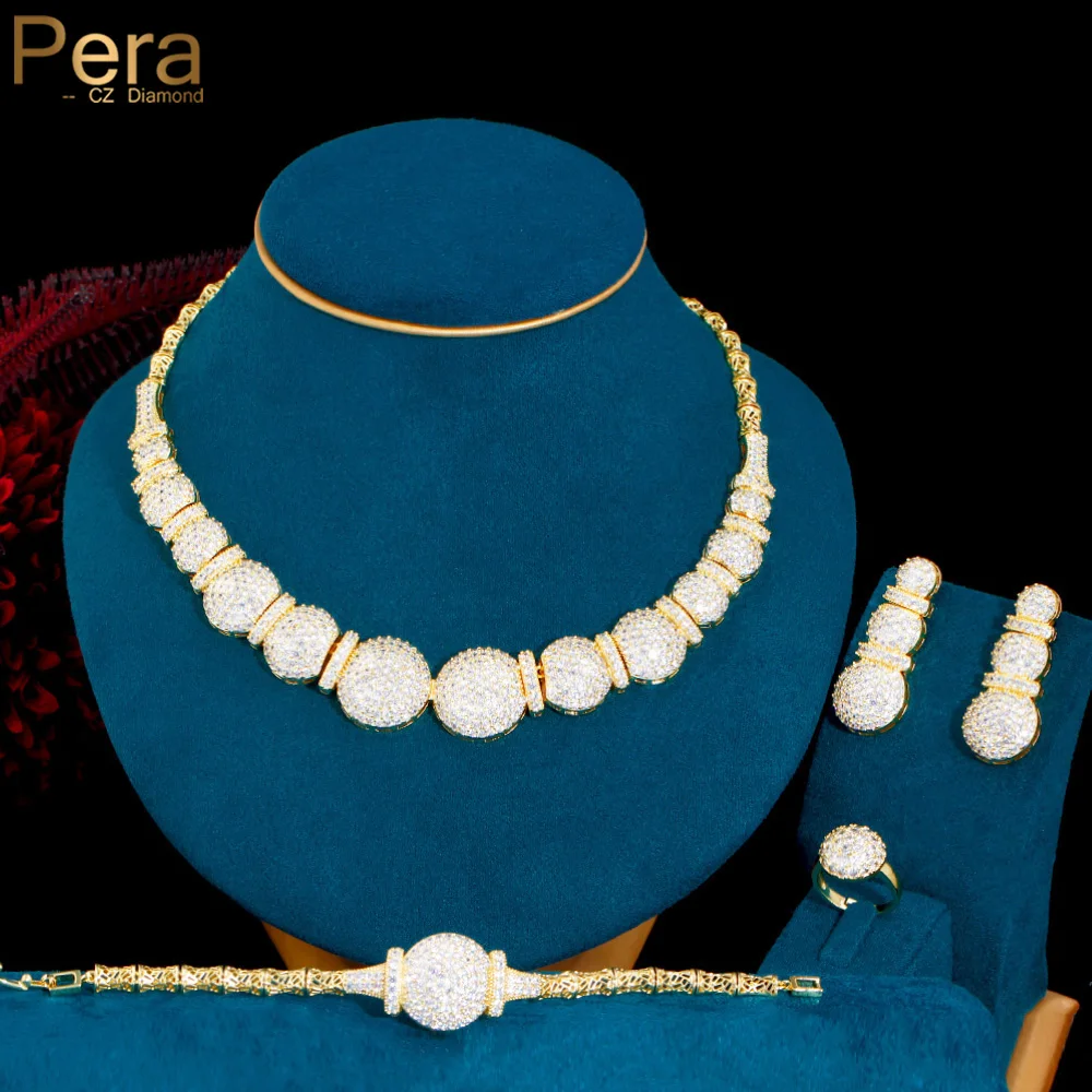 

Pera Luxurious Nigerian Gold Color Micro Full CZ Zircon Pave Choker Necklace Earrings 4Pcs Wedding Jewelry Sets for Brides J050