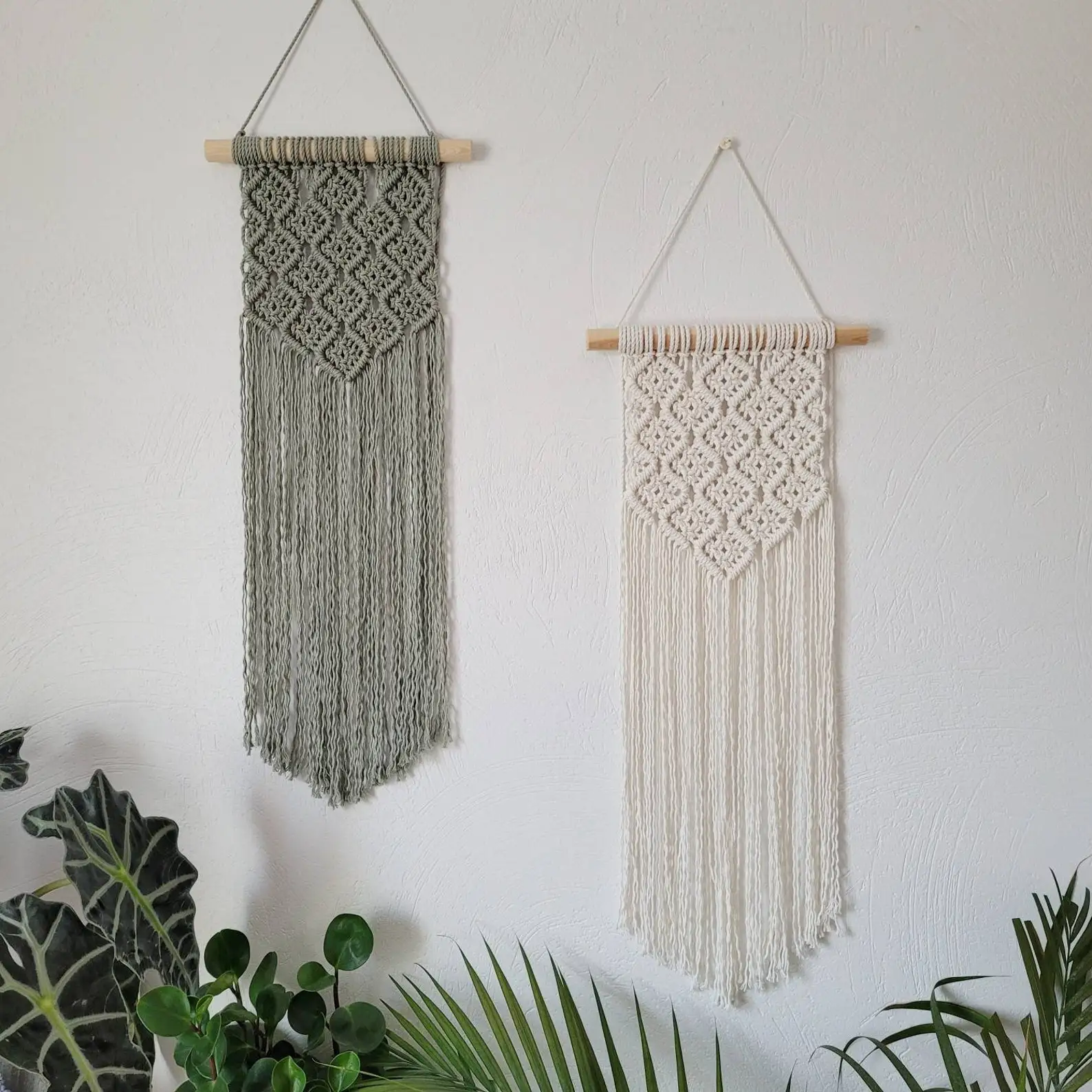 green and natural white macrame wall hanging, Knitted wall decor sage green, Boho calming decor, Tapestry fabric, Wall art rust