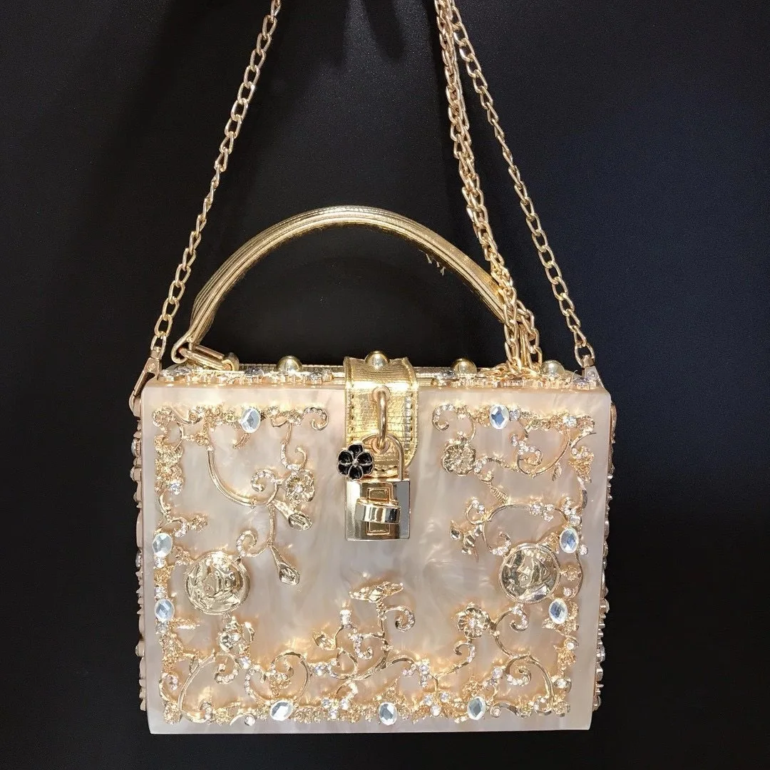 Acrylic banquet bag, hollow metal carving with diamond inlay, handbag, single shoulder, sloping back for ladies