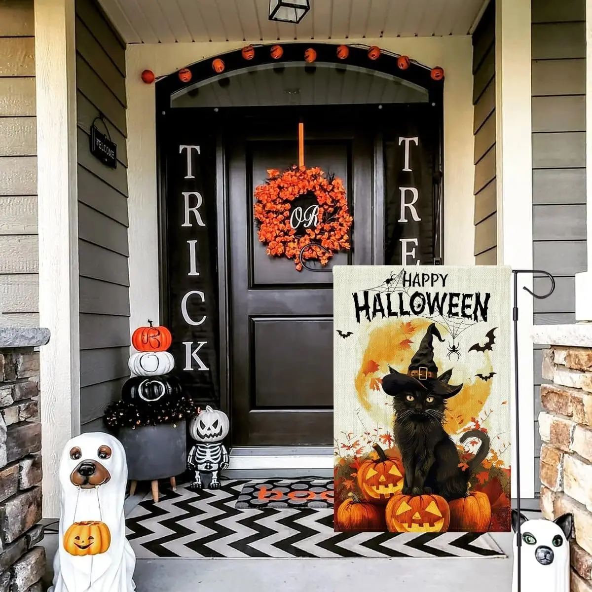 علم حديقة اليقطين للهالوين مزدوج الجوانب، علم ساحة الخيش للقطط السوداء للهالوين السعيد، ديكورات الهالوين الخارجية، Garde FFI
