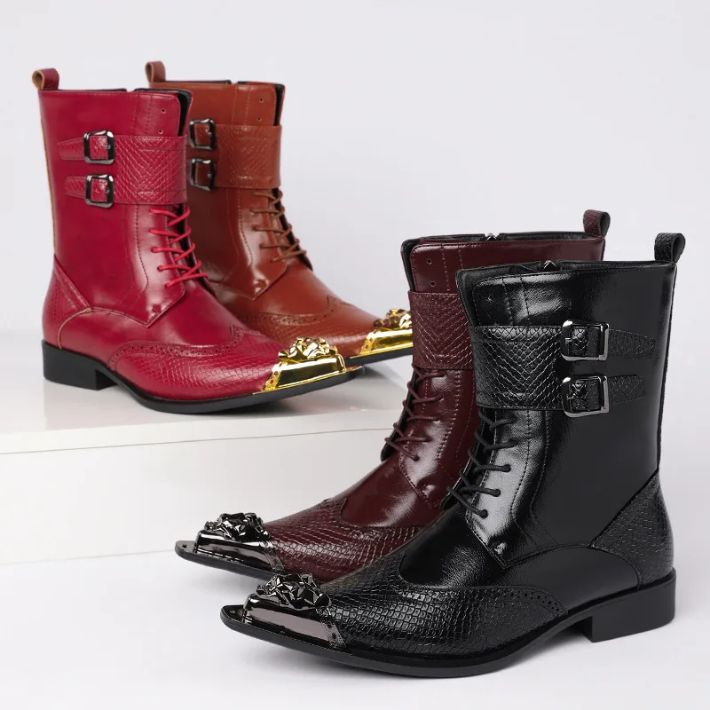 

Mens Mid-Calf Western Boots Pointed Toe Leather Ankle Boots British Style Business Casual Shoes Steelhead Trend Motorcycle Boots