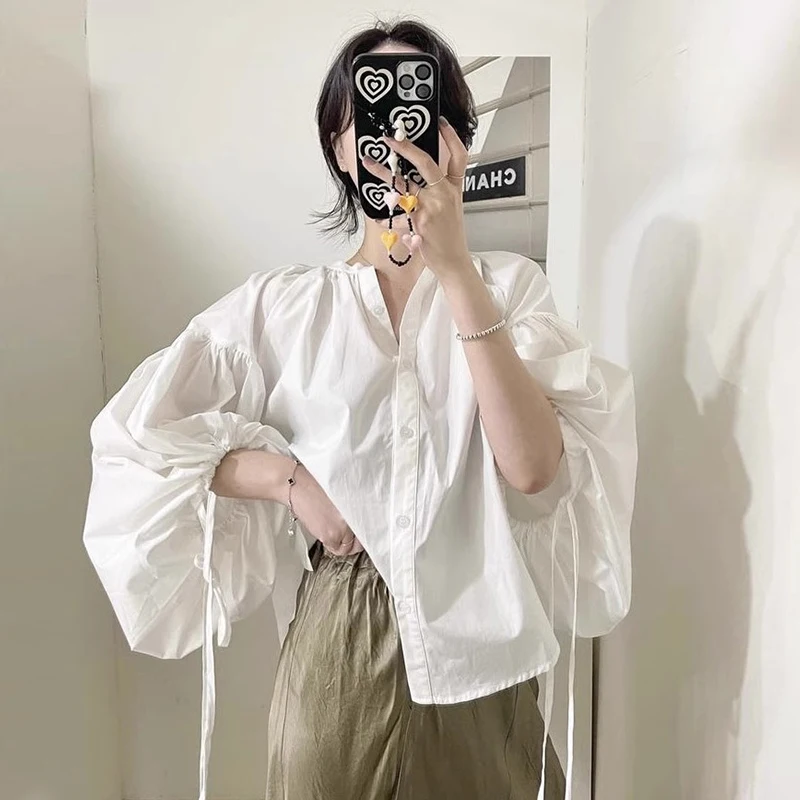 Chic round Ne Loose Fit Lantern Sve irt Women's Top Korean Sle Commute Faion Small Button Detail Casual irt