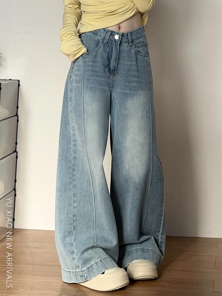 

American Style Wide Leg Denim Jeans Women's Loose Drapey Straight Leg Pants High Waist Faded Effect Casual Wear Autumn Season