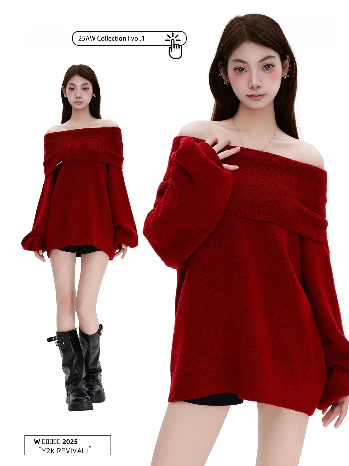 

PBB American Retro Wine Red Lazy Sle Knitted Sweater Women Sweet Spicy oulder Exposure One Word Collar Layered Wear Hat S...