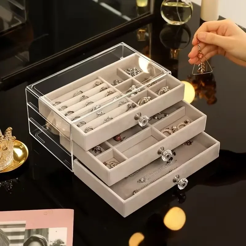 Velvet Jewelry Organizer with 3 Drawers Stackable Acrylic Display Storage Earrings Necklace Bracelets Box Holder Case for Women