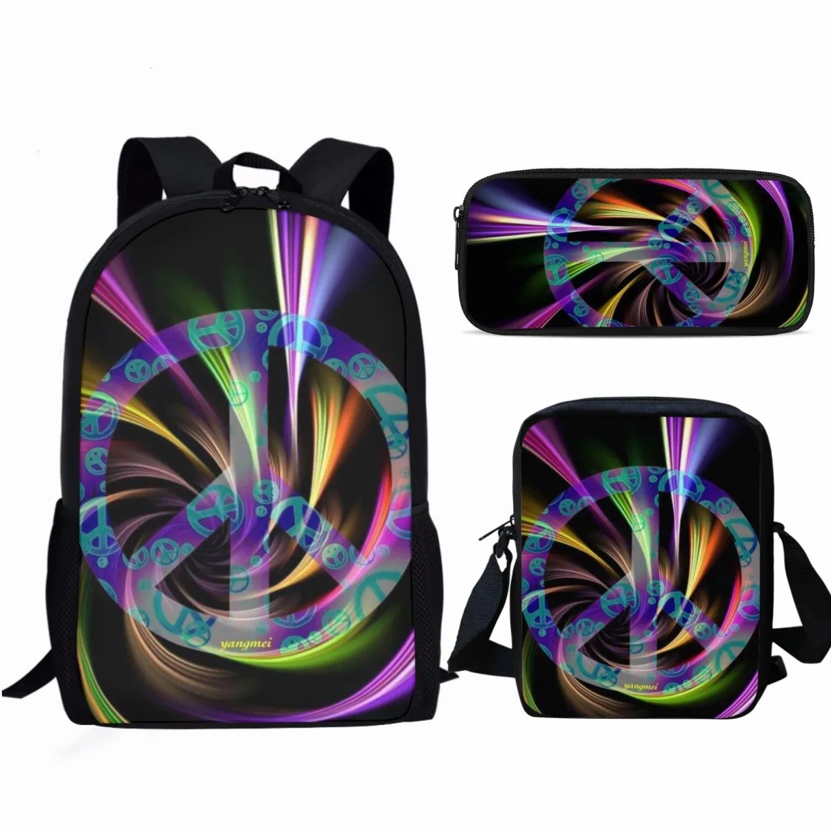 Patrón de paz y amor 3 unids/set bolso escolar para estudiantes con bolsa de almuerzo bolsa de lápices adolescente niñas niños mochila informal de viaje diario