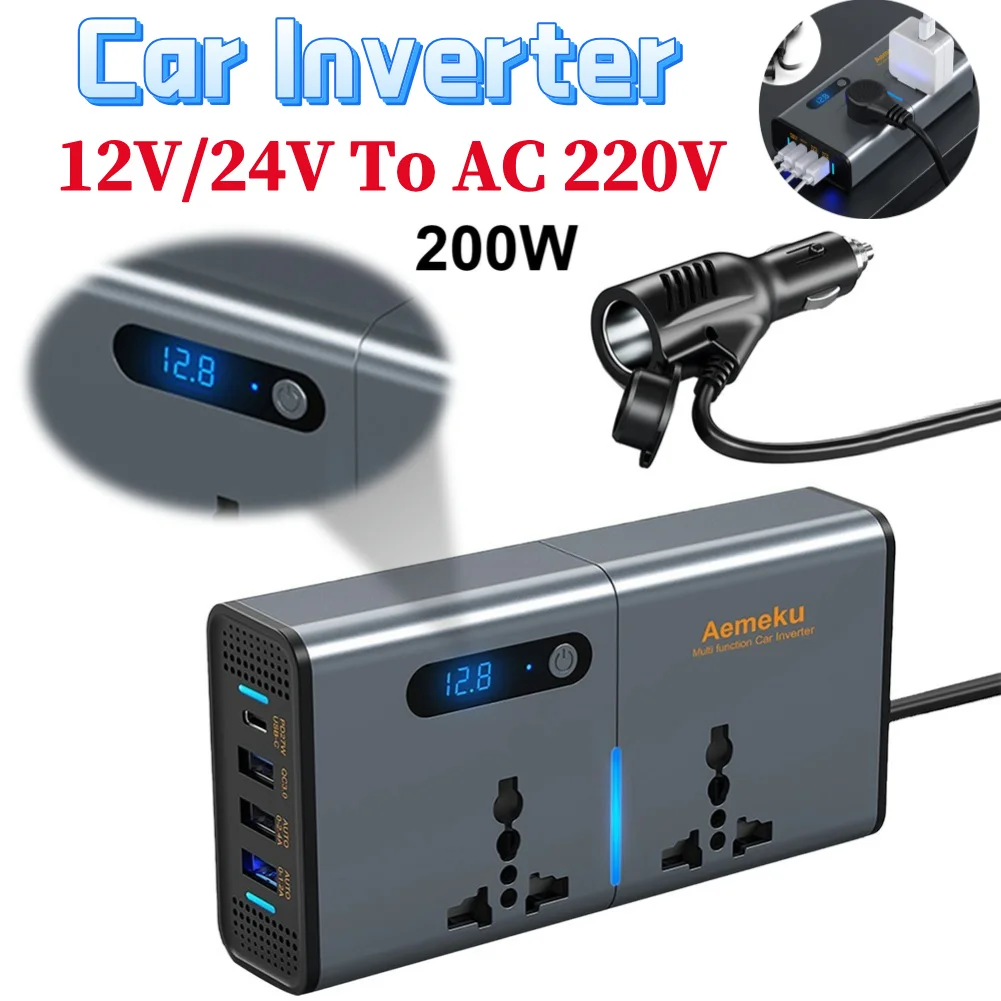 12V/24V To AC 220V Auto Power Inversor Auto Converter Digital Display Type-C USB Fast Charging Charger Socket QC3.0 Fast Charger