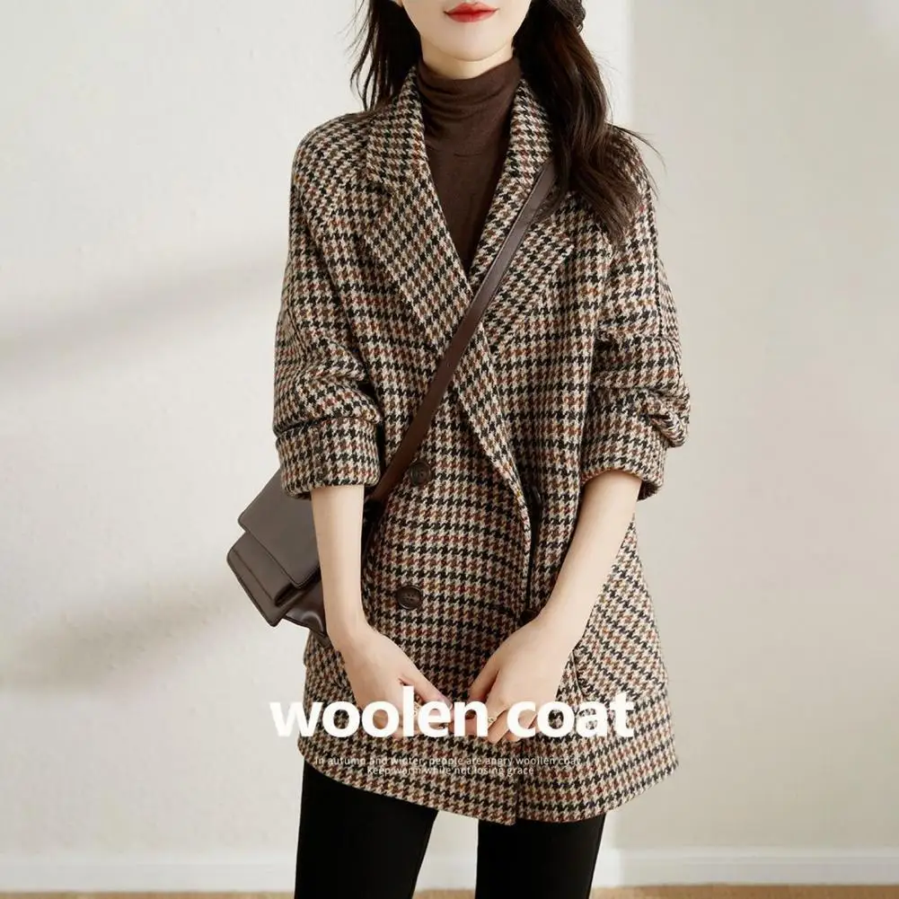 

Women Houndstooth Coat Stylish Women's Houndstooth Tweed Coat with Long Sleeves Pockets Vintage Outerwear for Autumn Winter