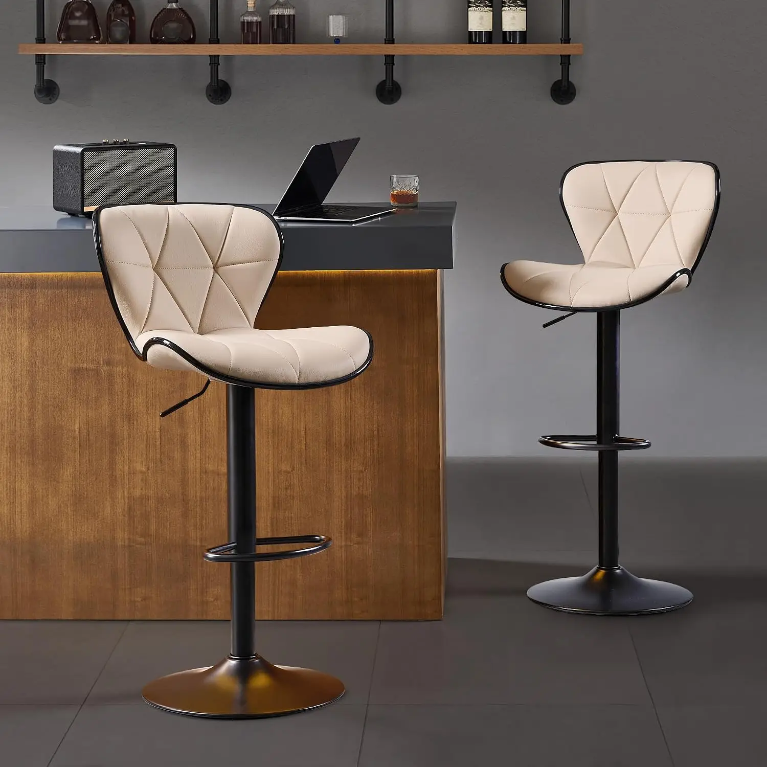 Modern Swivel Adjustable PU Leather Bar Stools with Backrest, Armless Counter Height Kitchen Island Chairs, Ivory, Customized
