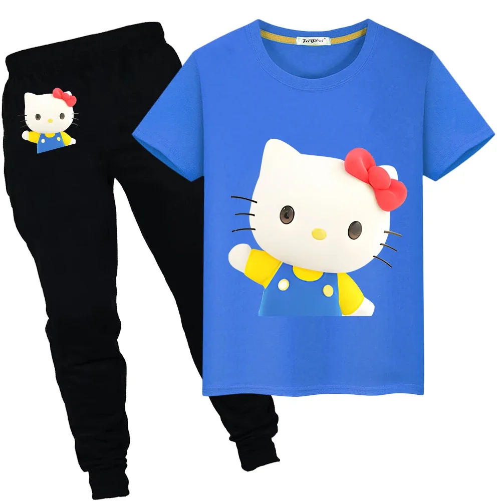 Summer Sports suit hello kitty Print 100%Cotton Cute T-shirt Short+pant Kawaii Tops boys girls clothes Tshirts kid holiday gift