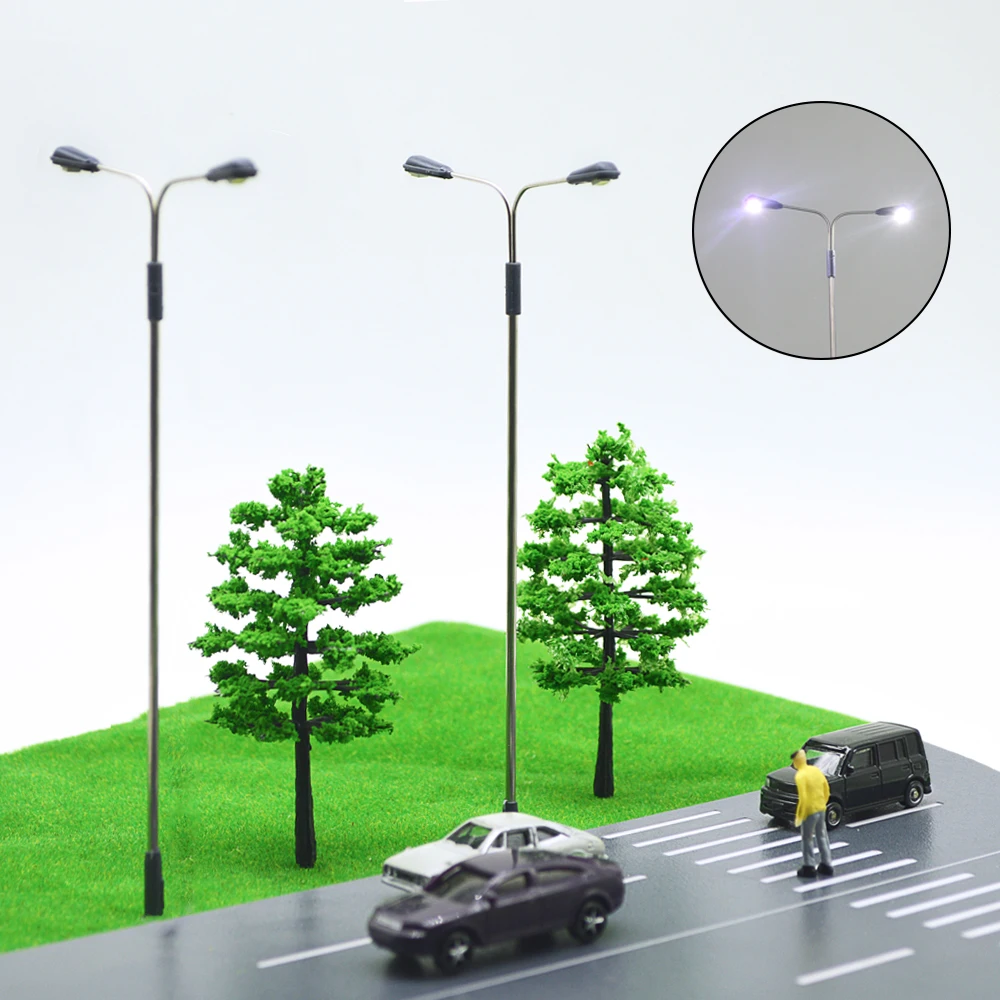 5Pcs Miniature Street Lamp Model 3V Metal Double Head LED Light DIY Railway Train Lamppost Diorama Architecture Scene Materials