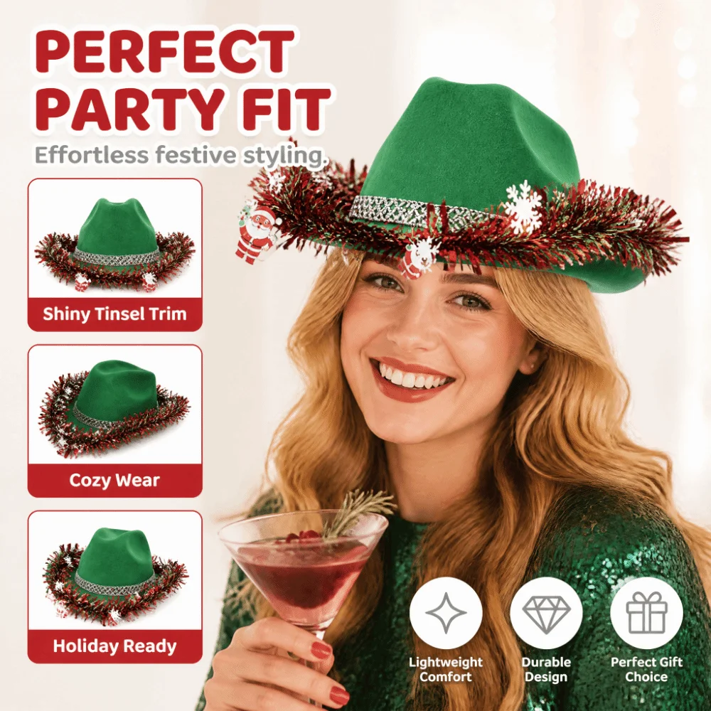 Ribbon Decoration Christmas Cowboy Hat Vintage Sunscreen Cowgirl Hat Santa Claus Design Snowflake Western Hat Holiday Party