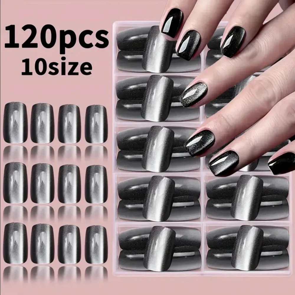 120Pcs/box Black Cat Eye Short Square Press On Nails Shiny Glitter Cat Eye Effect Fake Nails Full Cover Reusable False Nail Tips