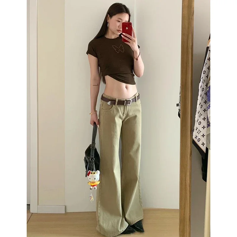 Jean café Hip-hop pour femmes, Streetwear Vintage Y2K, jambes larges, droit, taille haute, pantalon classique Baggy en Denim