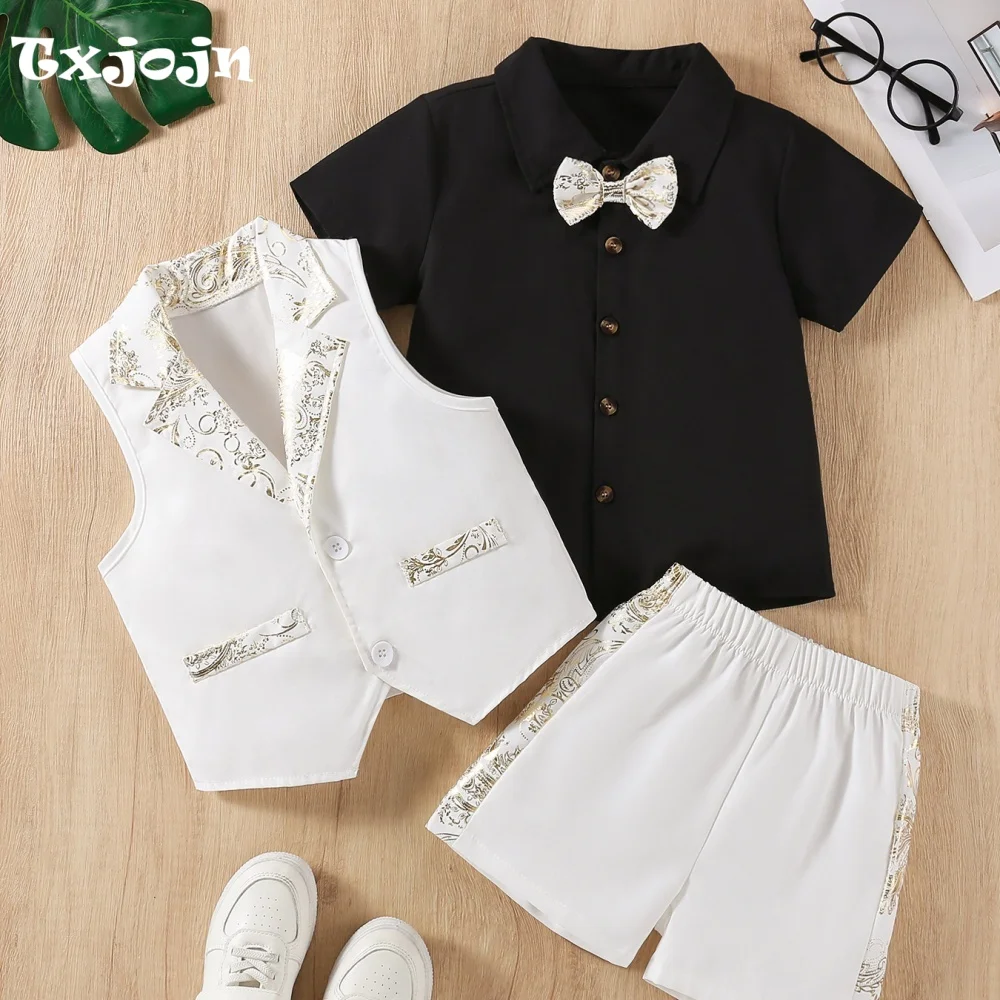 Conjunto de 3 piezas de ropa formal para niño, primavera/verano, ropa con estampado metalizado, camisa de manga corta, pantalones, chaleco, traje para fiesta infantil