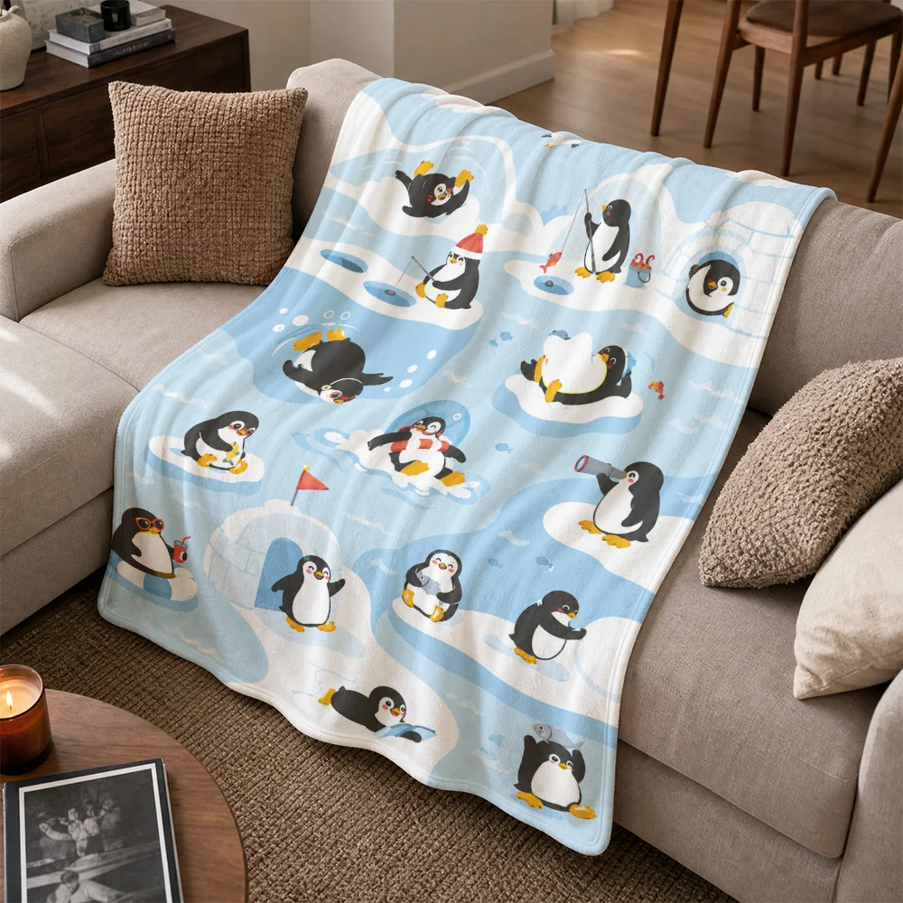 Premium Fluffy Penguin Cartoon Throw Blanket for Sofa Couch Fleece Winter Lap Throw Cozy Cute Animal Theme Bed Decor Gift Idea f