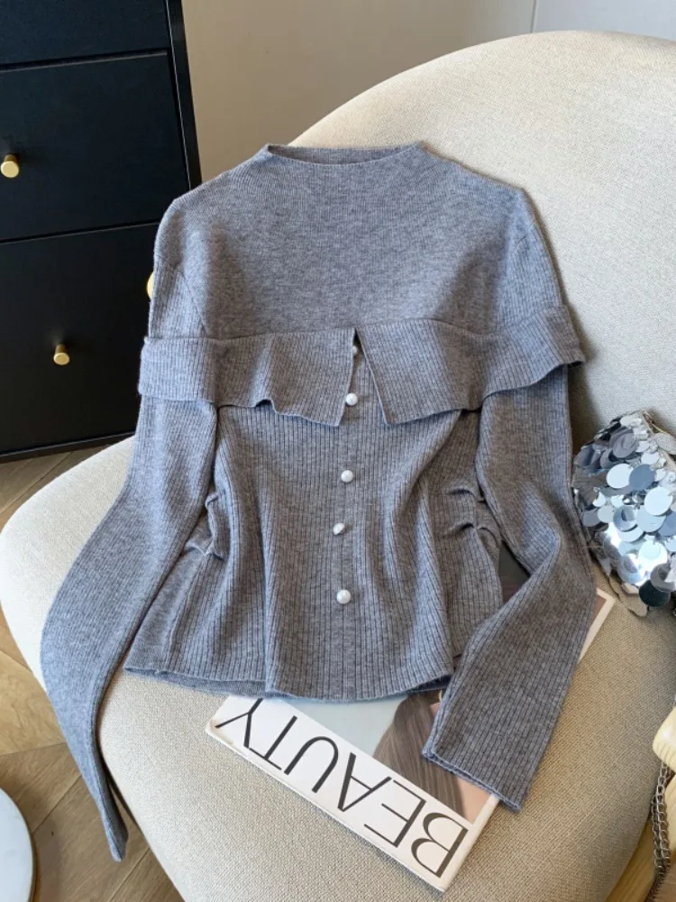 

High end slim fit knitted sweater for women in autumn and winter nail bead small fragrant style solid color versatile top