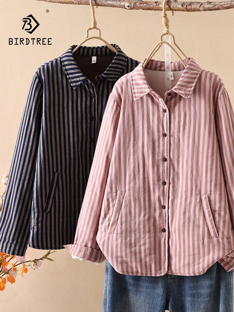 

Новая зимняя рубашка с хлопковой подкладкой 2025, женская рубашка с отложным воротником в полоску, модная теплая свободная верхняя одежда Mori Girl на рабочем месте C5N623CC