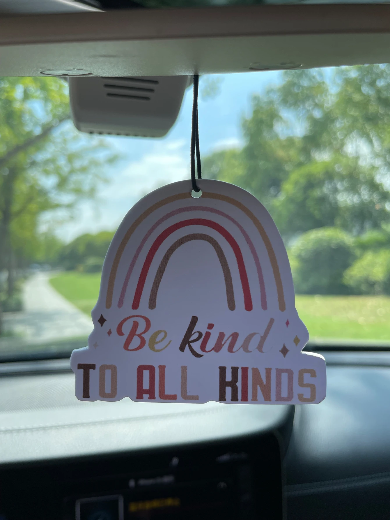 Be Kind To All Kinds Boho Rainbow Hanging Car Air Freshener Scent Card, Neutral Retro Rainbow Quote Design, Natural Plant Extrac