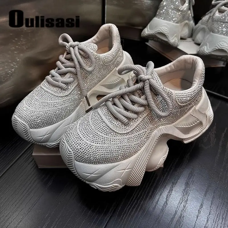 Full Diamond Female 2024 New Rhinestone Fashion Round Toe Platform Thick Bottom Casual Sneaker Dad Shoes Women