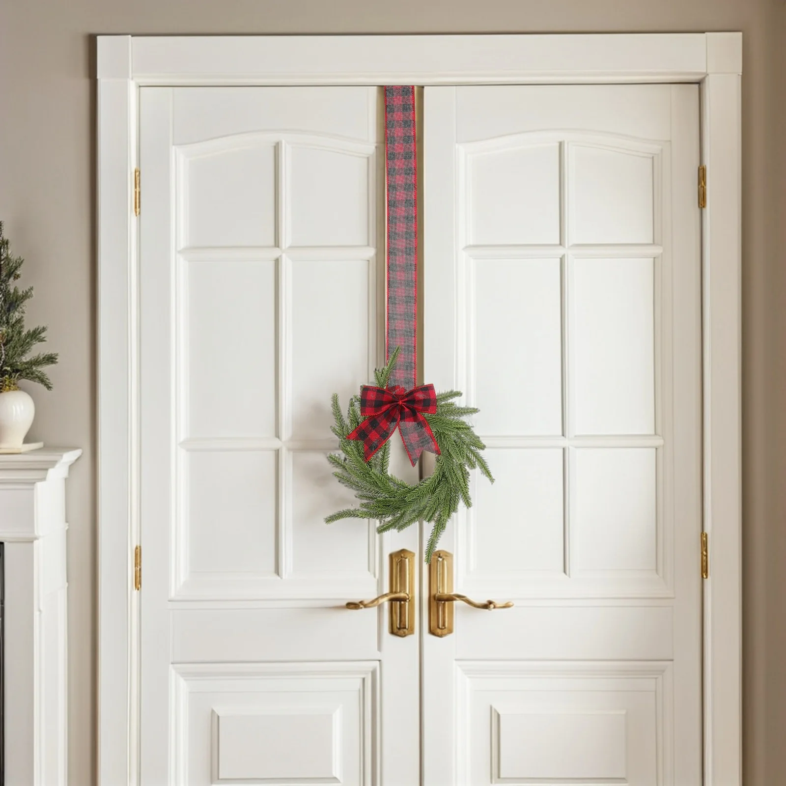 

4pcs Small Pine Wreaths Artificial Door Decorations Red Plaid Bow Indoor Outdoor Holiday Wall Hanging For Kitchen Mantel