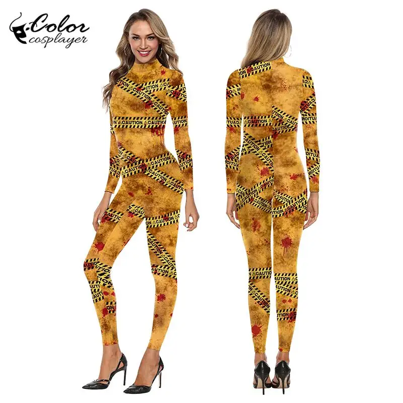 

Color Cosplayer Halloween Women Jumpsuit Yellow Warning Line Bodysuit Zipper Catsuit Adult Cosplay Costume Performance Zentai