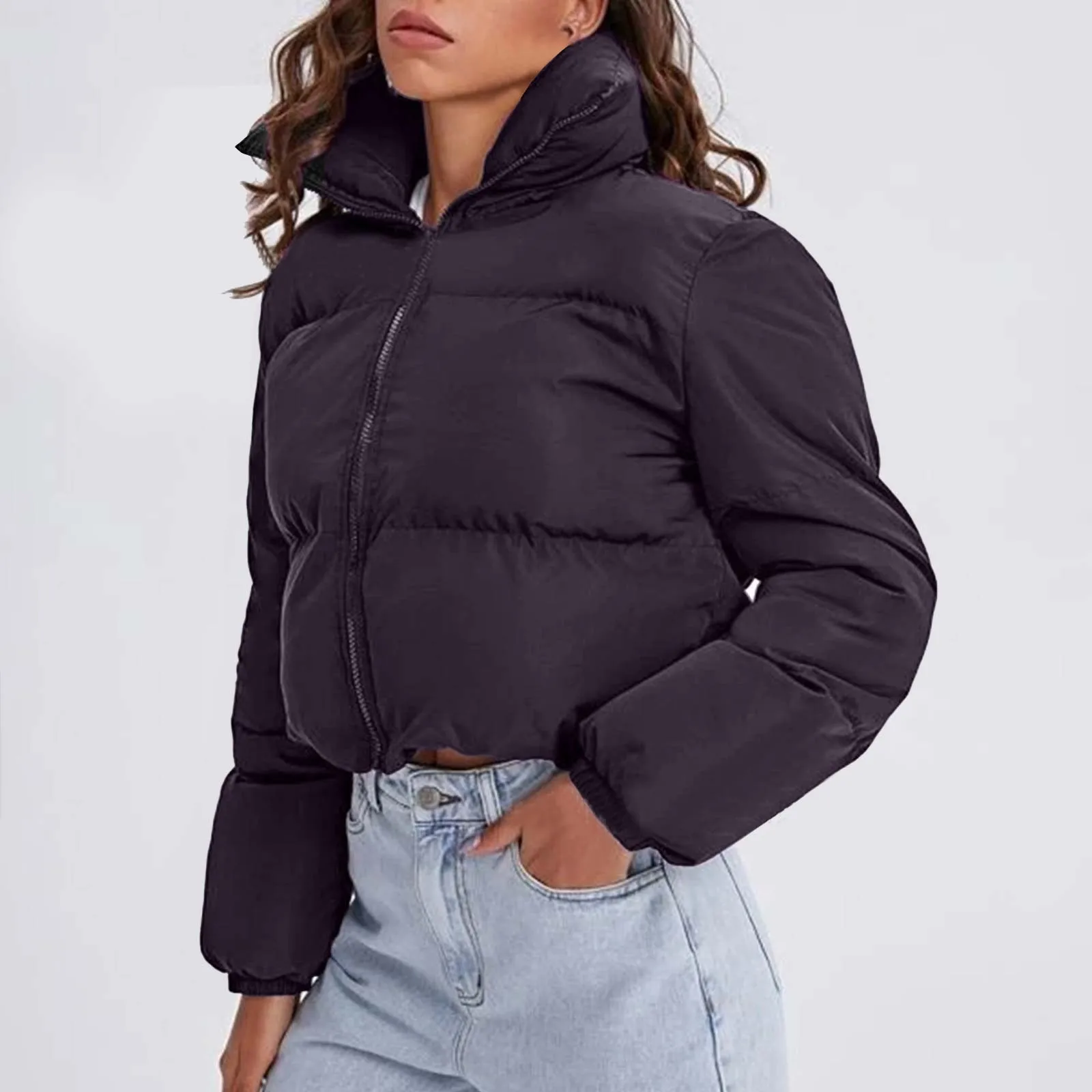 Inverno feminino manga longa oversized recortado jaqueta suporte zip up curto para baixo casaco cor sólida moda coreana casacos acolchoados