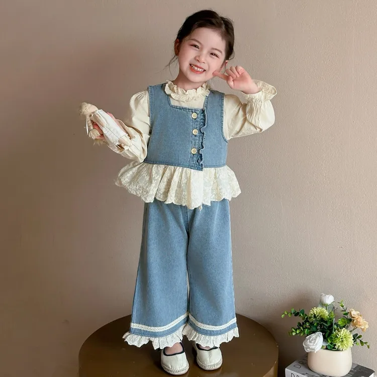 Ropa de niña, conjuntos de tres piezas de encaje a la moda para niños, estilo coreano, trajes largos de mezclilla para primavera y otoño, trajes para niñas