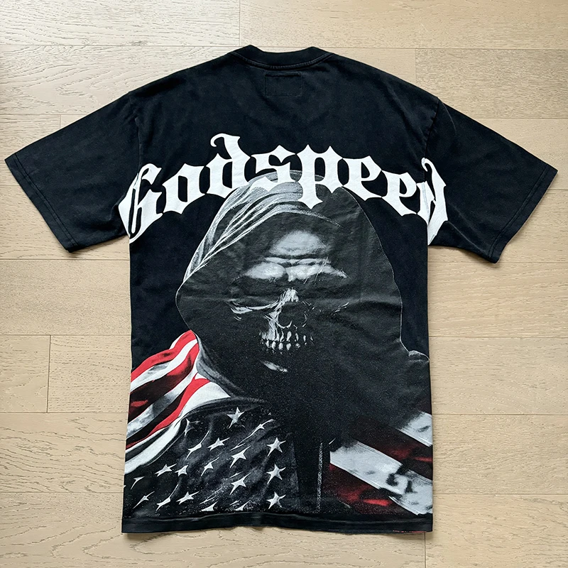 

Summer Fashionable Godspeed T-shirts High Quality Print Vintage Wash Black Casual Street Rap GOD SPEED Short Sleeve T Shirt