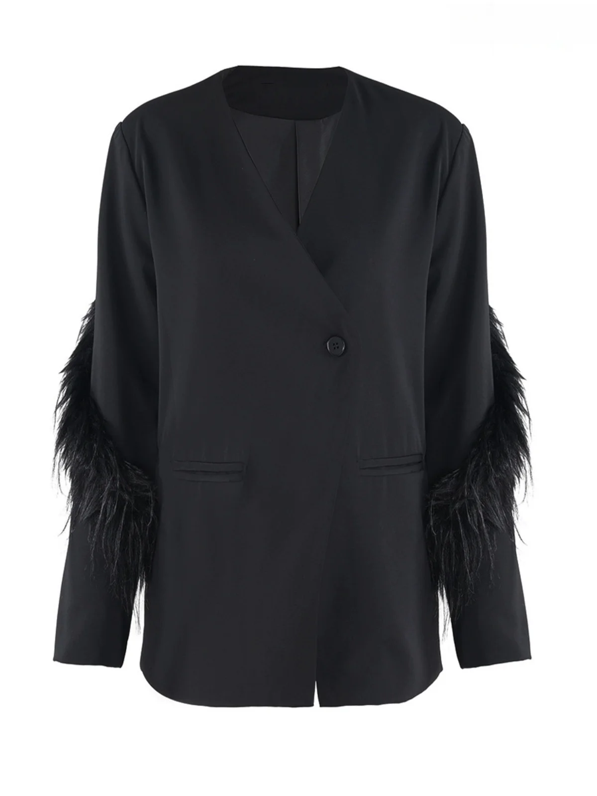 

Pure Black One-Button V-Neck Suit Jacket with Ostrich Feather Striping Street Style Slim Fit Long Sleeve Women's Fashion