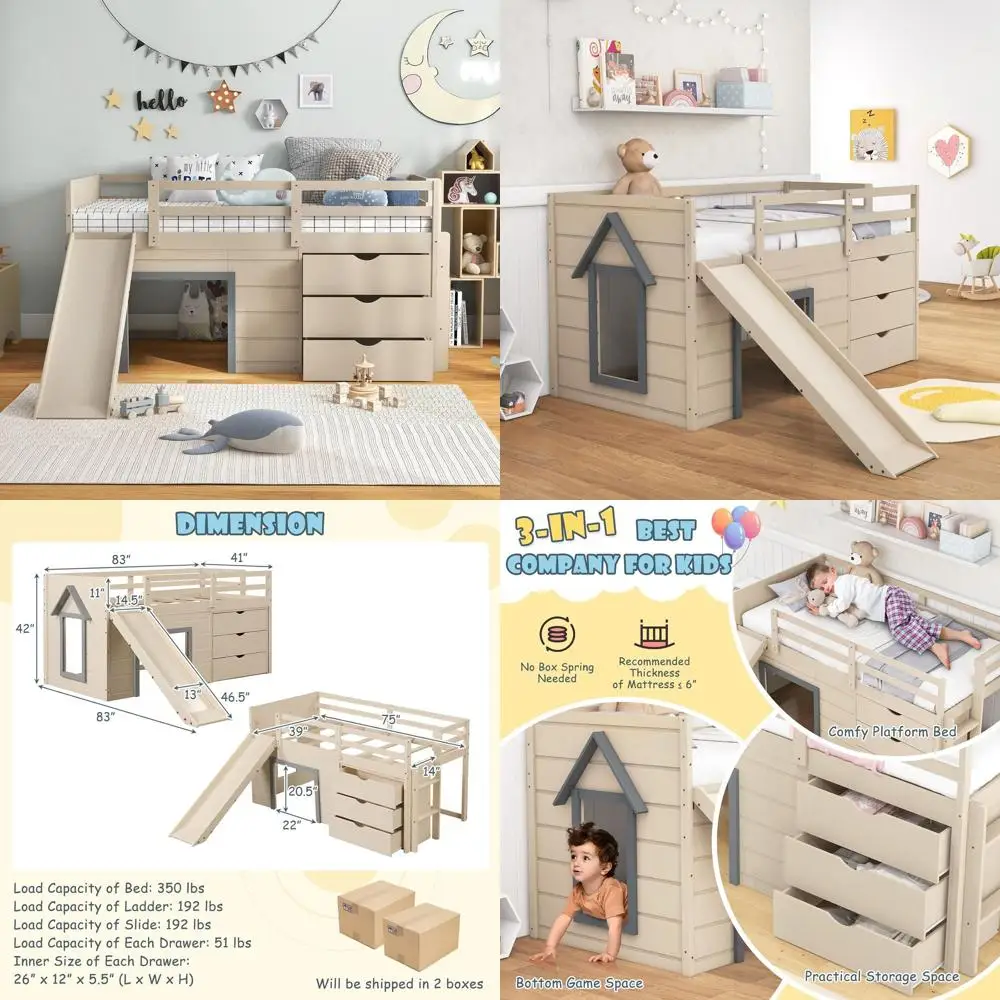 

Двухъярусная деревянная кровать для детей с горкой, лестницей, 3 ящиками, игровой зоной, бежевого цвета, без пружинного блока