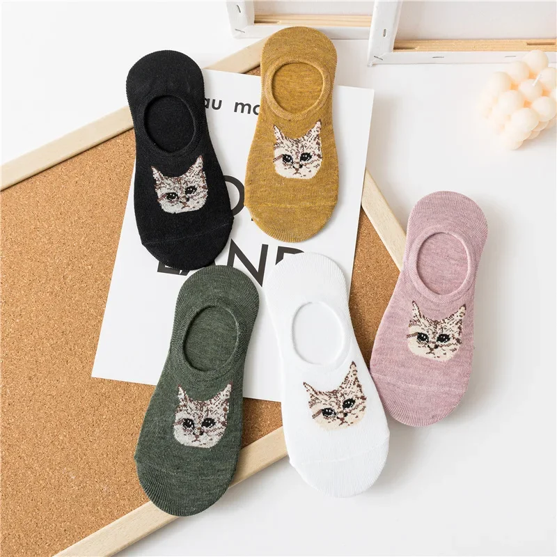 5 أزواج من جوارب قصيرة غير مرئية برأس قطة داكنة للربيع والصيف والخريف كارتونية مضادة للسقوط، جوارب قصيرة يابانية لطيفة وطازجة منخفضة القمة