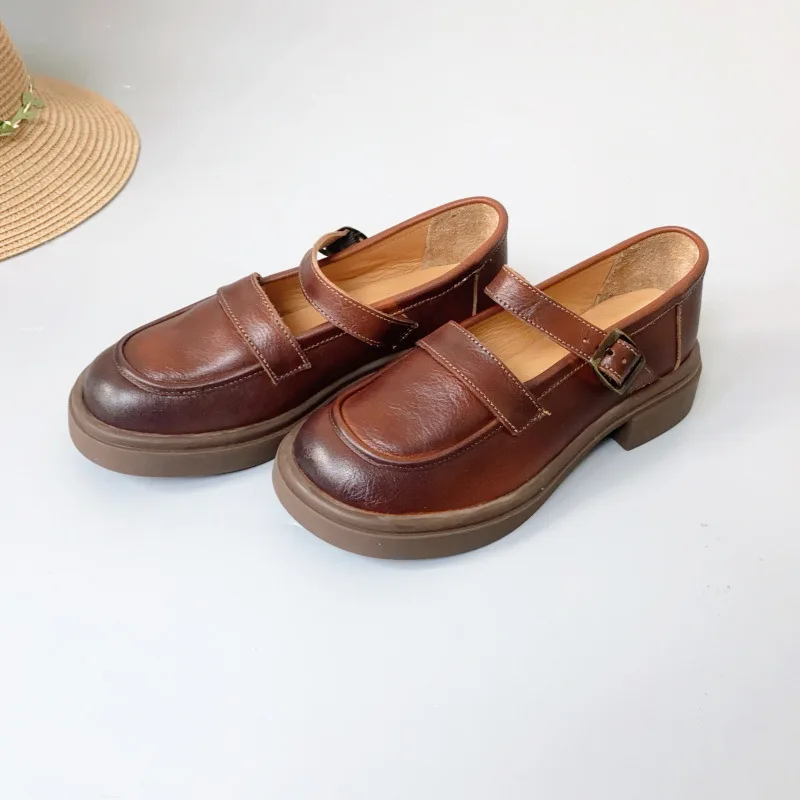 2026Spring and summer new handmade genuine leather women's shoes, vintage style, round toe, low heel, comfortable shallow mouth,