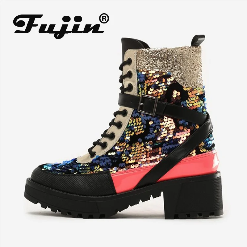 Fujin Winter Boots 2024 Platform Square Heel Shoes Bling Bling Ankle Boots for Women Winter Autumn Shoes Lace Up Booties Casual