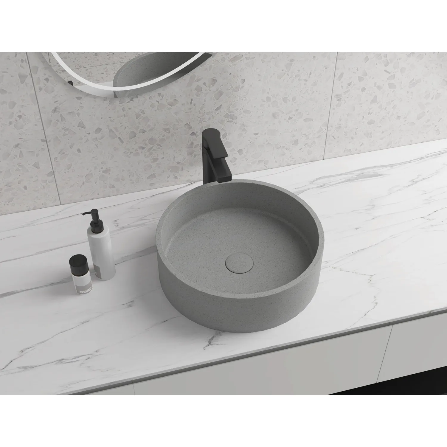 Round Concrete Vessel Bathroom Sink Handmade Concreto Stone Basin Counter Freestanding Bathroom Vessel Sink in Grey without Fauc