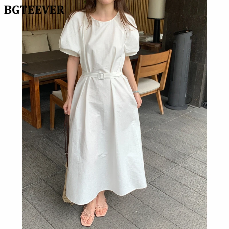 

BGTEEVER Vintage Puff Sleeve Female A-line Dress Summer O-neck Belted Mid-Length Dress for Women