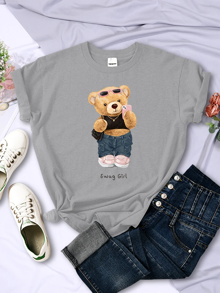 Camiseta con estampado divertido de oso de peluche para mujer, camiseta de manga corta con personalidad, estilo Hip Hop, transpirable, Verano