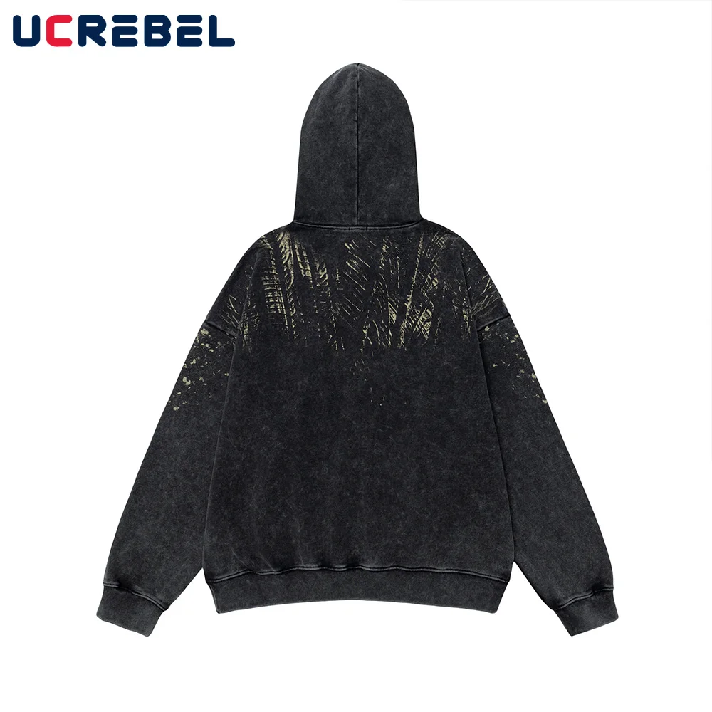 High Street Print Hooded Sweatshirts Mens Autumn Winter Hip Hop Drop Shoulder Long Sleeve Front Pocket Hoodies Men