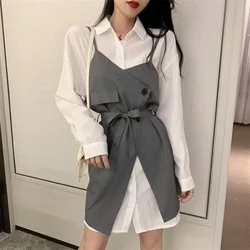 Korean Fashion Women 2 Pieces Suit Sweet Long White Shirt+Irregular Strap Mini Skirt Sets Elegant Ladies Two Piece Dress Outfits