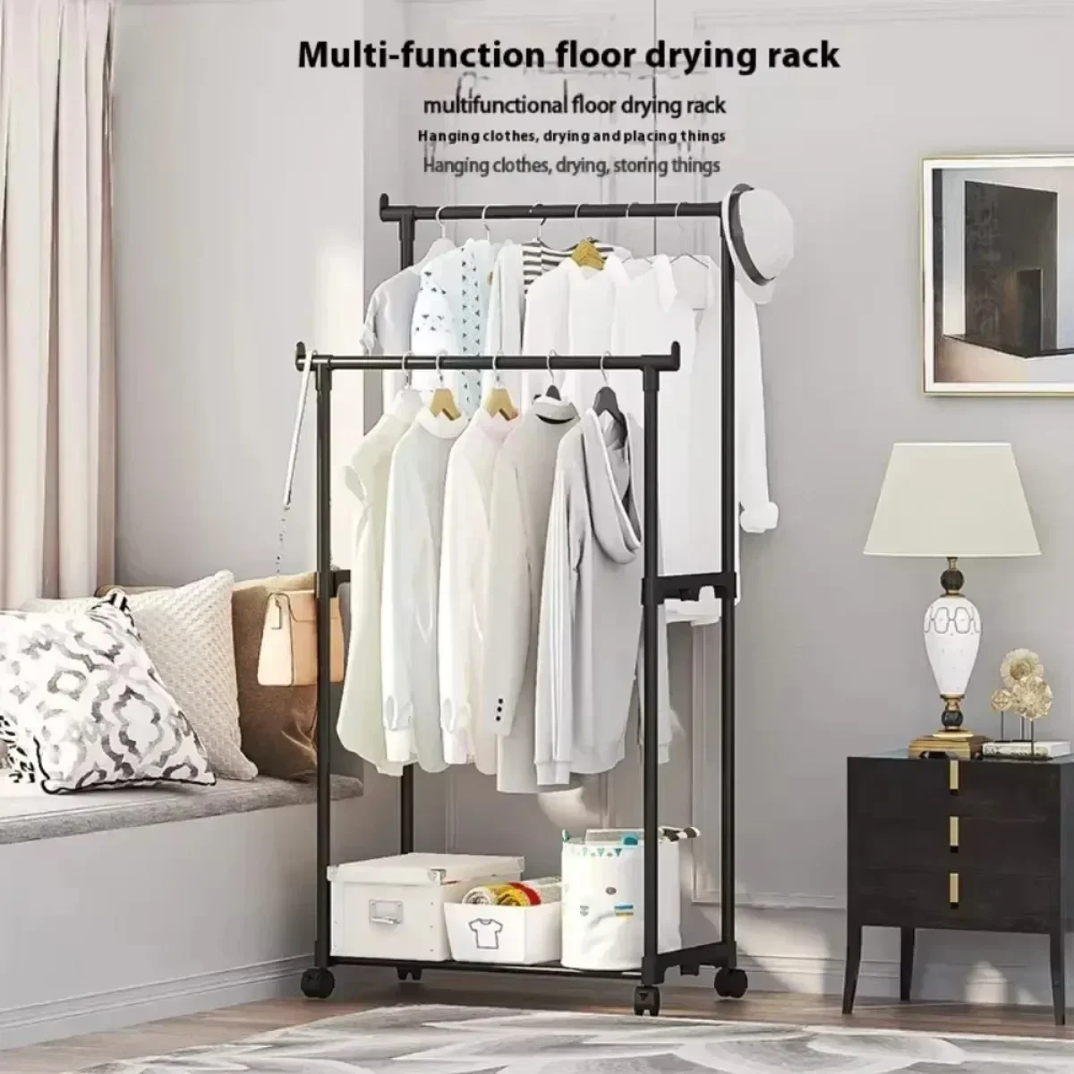 Simple Wheeled Coat Rack Double Simple Rod Clothes Coat Shelf Bedroom Hanging  Rack Floor-Standing Telescopic Storage Clothes