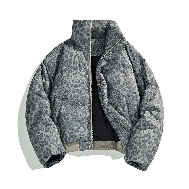 

Men Short Jacket Winter Vintage Leopard Print Stand Collar Male Down Coat Long Sleeve Zipper Loose Daily Man Outerwear
