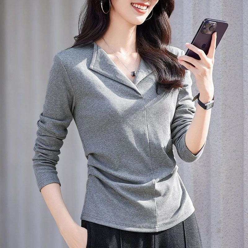 

Осенняя женская футболка-поло с плиссированной талией, свободного кроя, однотонная, стройнящая фигуру