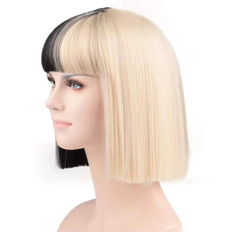 ccutoo Sia Bangs Trim to eyes Half Black and Blonde Medium Synthetic Hair Cosplay Wig Halloween Party Wigs Heat Resistance Fiber